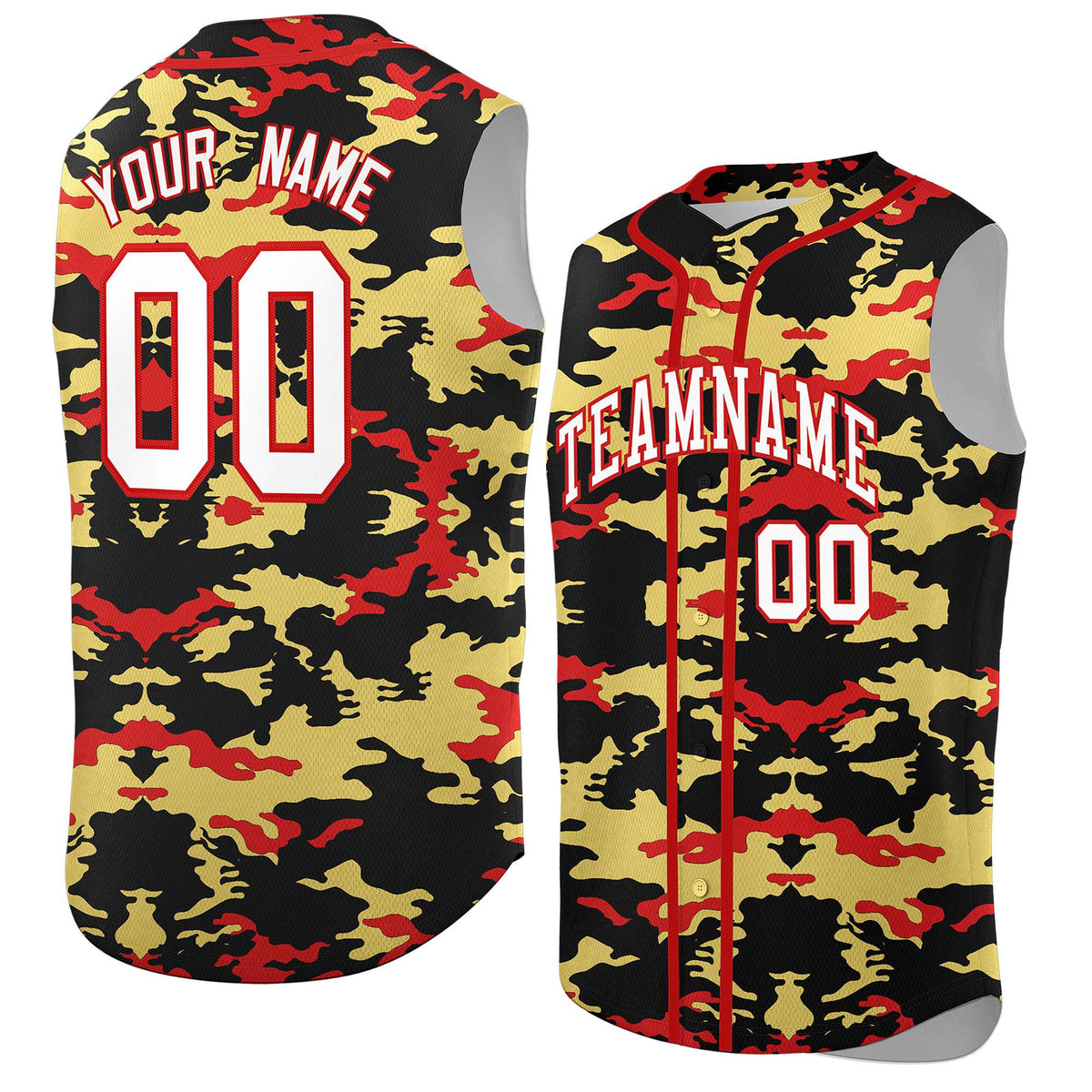 Custom Black Old Gold and Red Camo Fashion Authentic Sleeveless Baseball Jersey