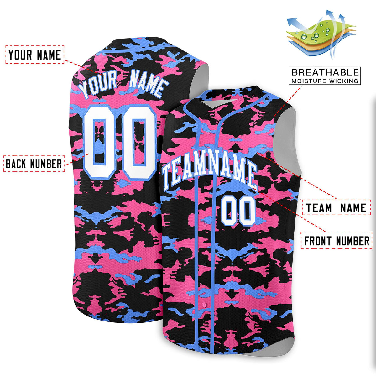 Custom Black Pink and Powder Blue Camo Fashion Authentic Sleeveless Baseball Jersey
