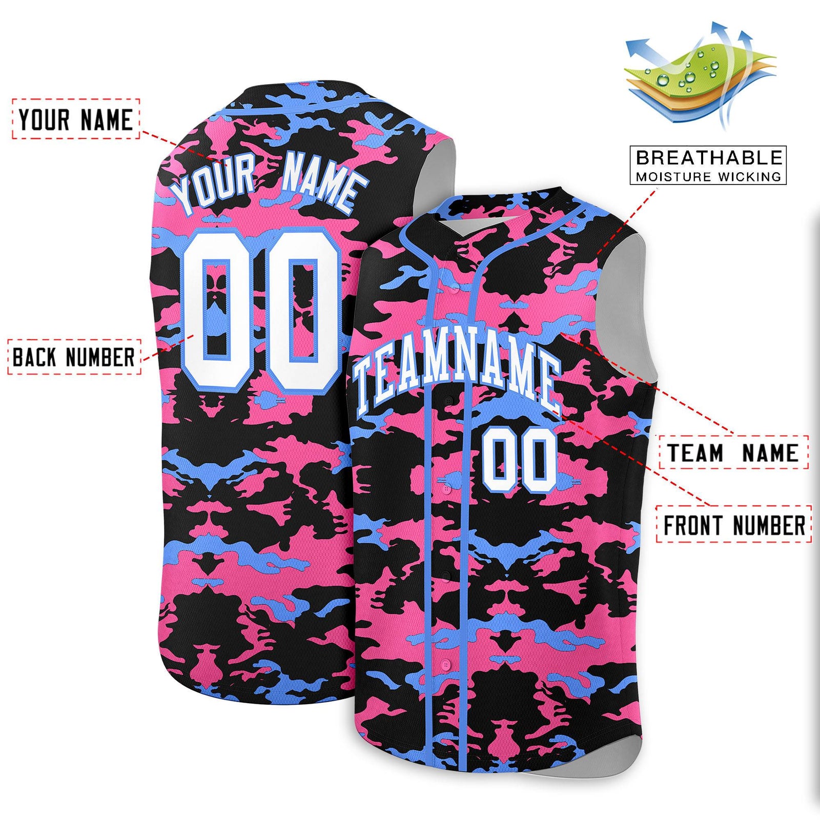 Custom Black Pink and Powder Blue Camo Fashion Authentic Sleeveless Baseball Jersey