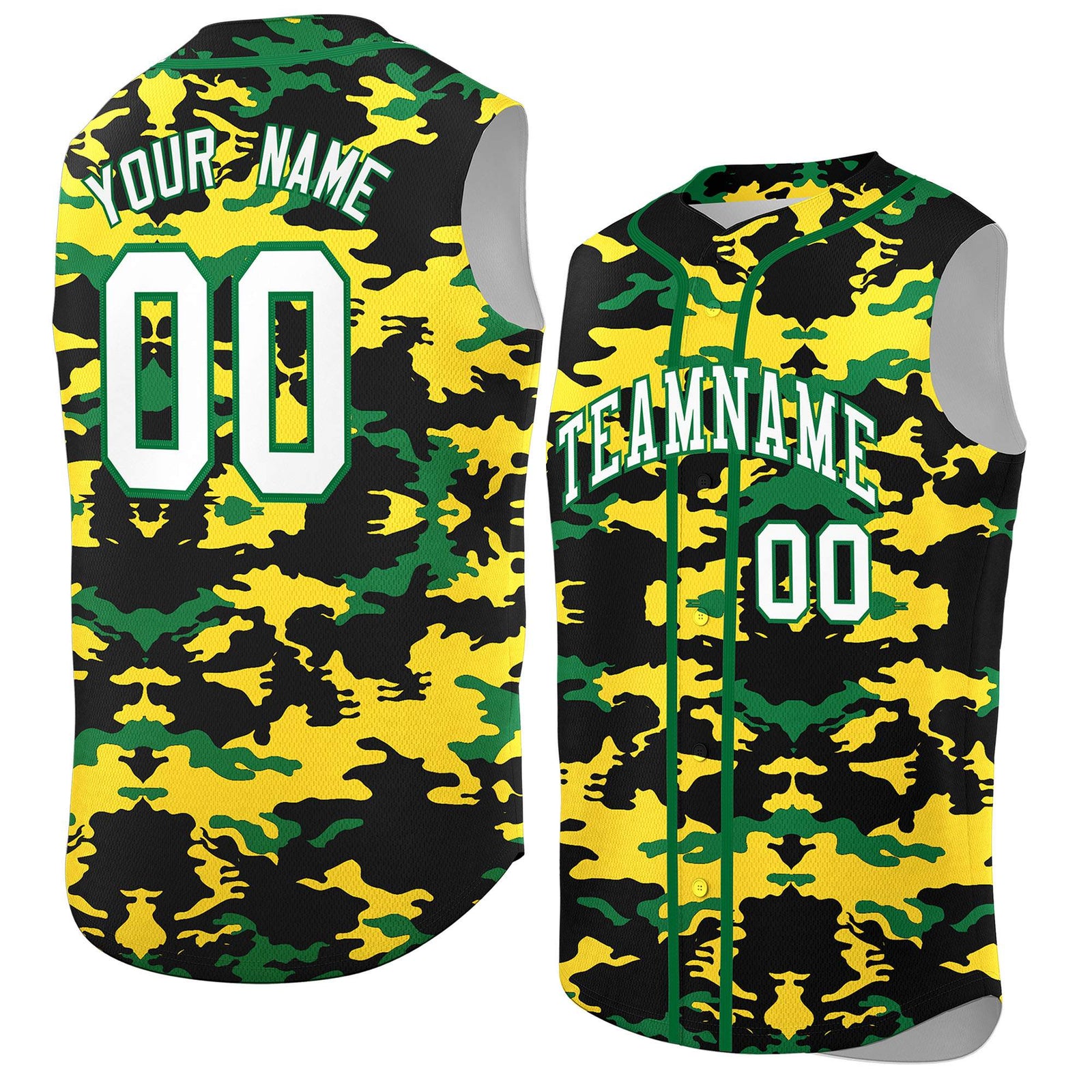 Custom Black Gold and Kelly Green Camo Fashion Authentic Sleeveless Baseball Jersey