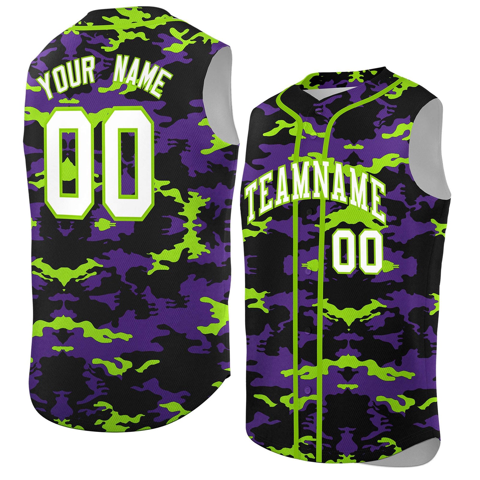 Custom Black Purple and Neon Green Camo Fashion Authentic Sleeveless Baseball Jersey