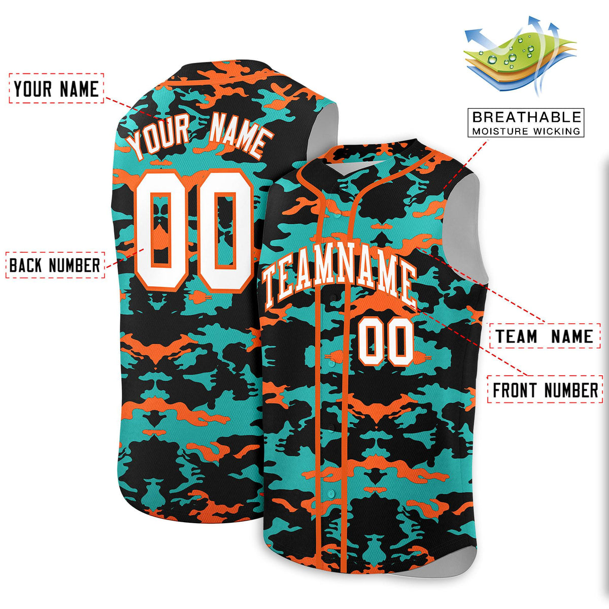 Custom Black Aqua and Orange Camo Fashion Authentic Sleeveless Baseball Jersey