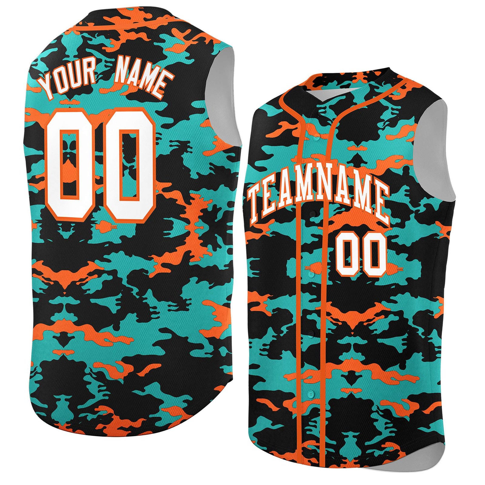 Custom Black Aqua and Orange Camo Fashion Authentic Sleeveless Baseball Jersey