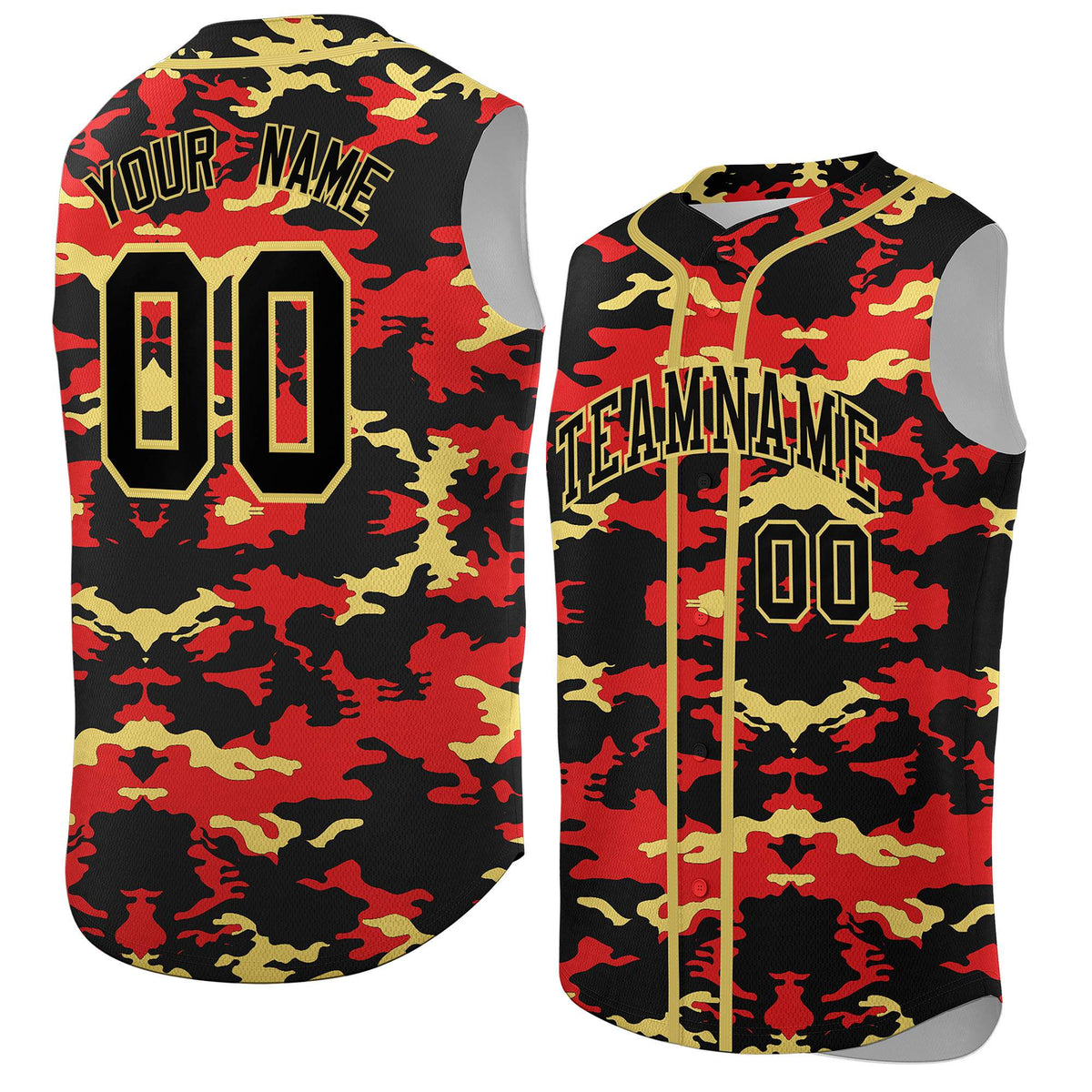 Custom Black Red and Old Gold Camo Fashion Authentic Sleeveless Baseball Jersey