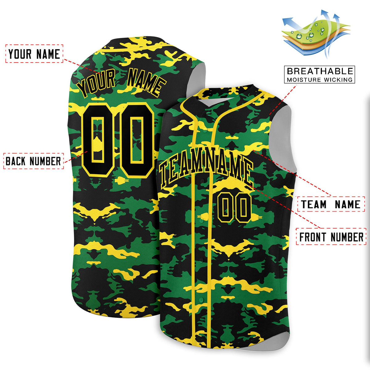 Custom Black Kelly Green and Gold Camo Fashion Authentic Sleeveless Baseball Jersey