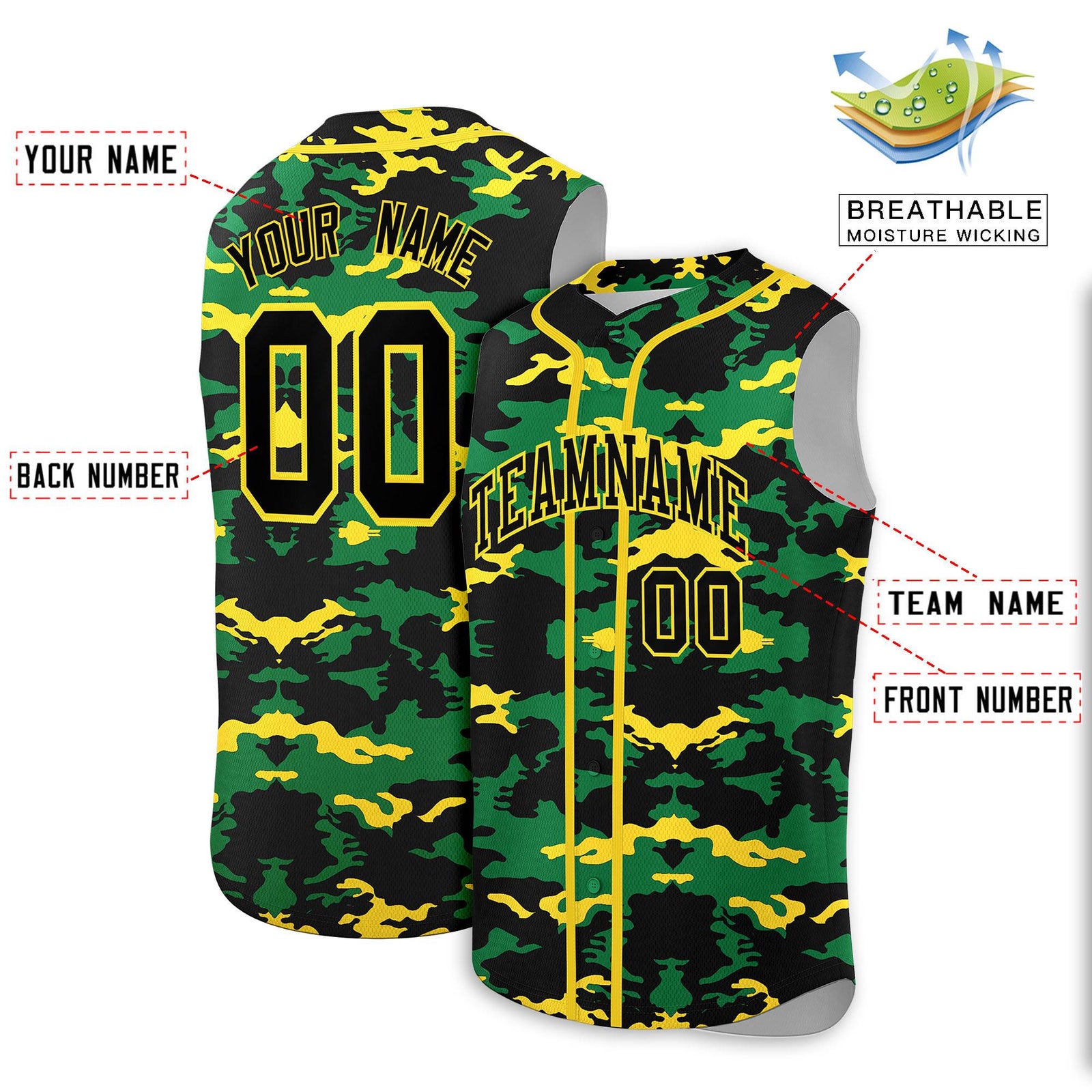 Custom Black Kelly Green and Gold Camo Fashion Authentic Sleeveless Baseball Jersey
