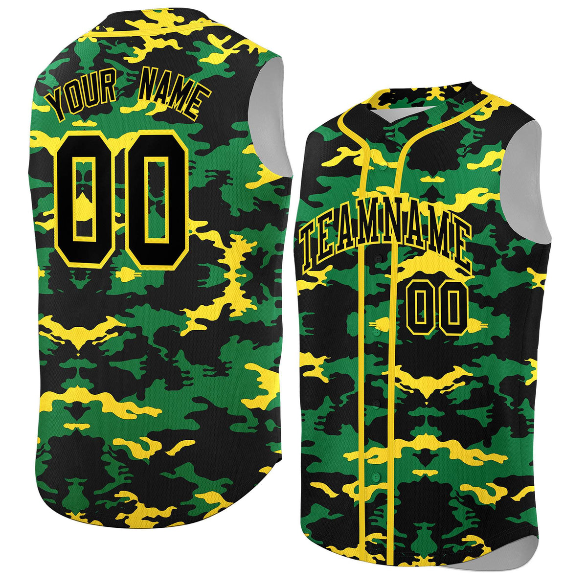 Custom Black Kelly Green and Gold Camo Fashion Authentic Sleeveless Baseball Jersey