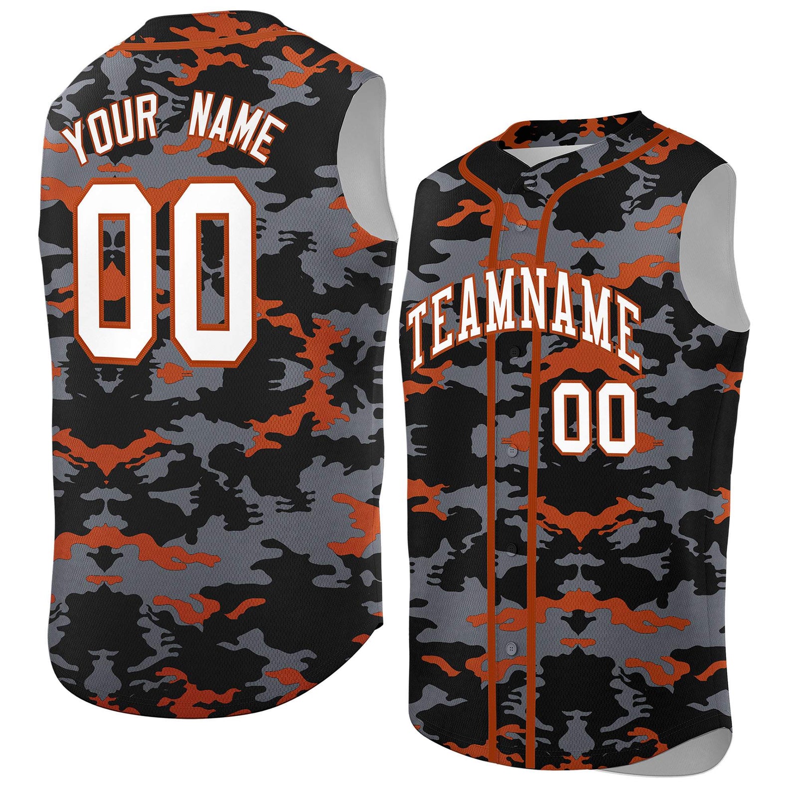 Custom Black Gray and Texas Orange Camo Fashion Authentic Sleeveless Baseball Jersey
