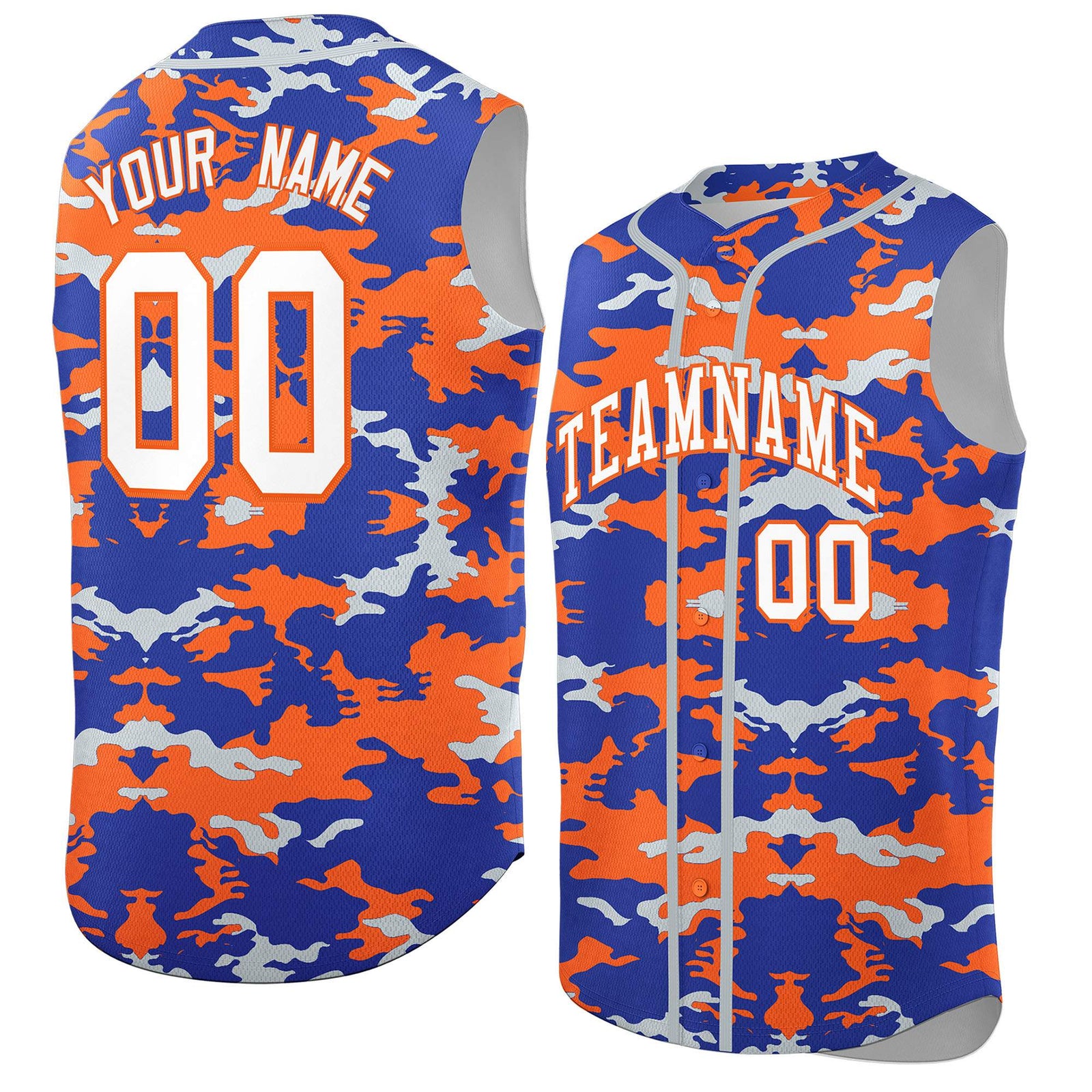 Custom Royal Orange and Silver Camo Fashion Authentic Sleeveless Baseball Jersey