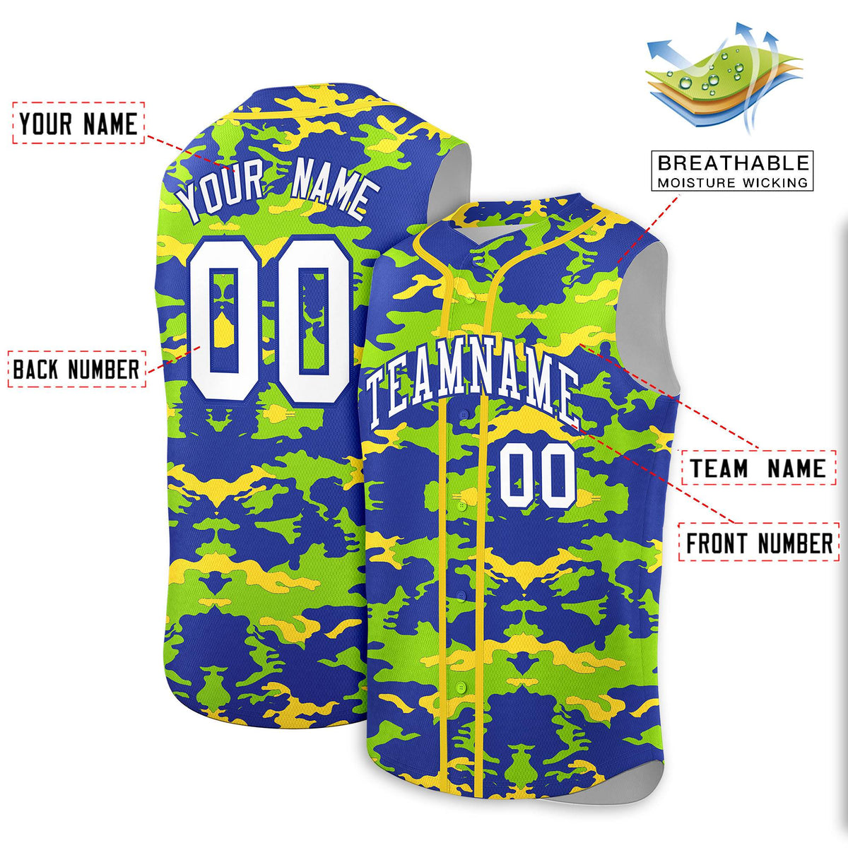 Custom Royal Neon Green and Gold Camo Fashion Authentic Sleeveless Baseball Jersey