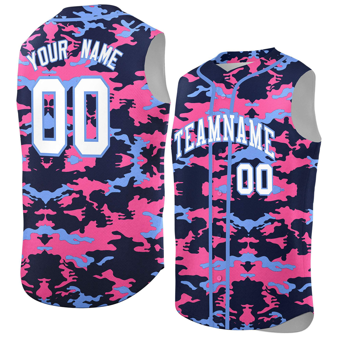 Custom Navy Pink and Powder Blue Camo Fashion Authentic Sleeveless Baseball Jersey