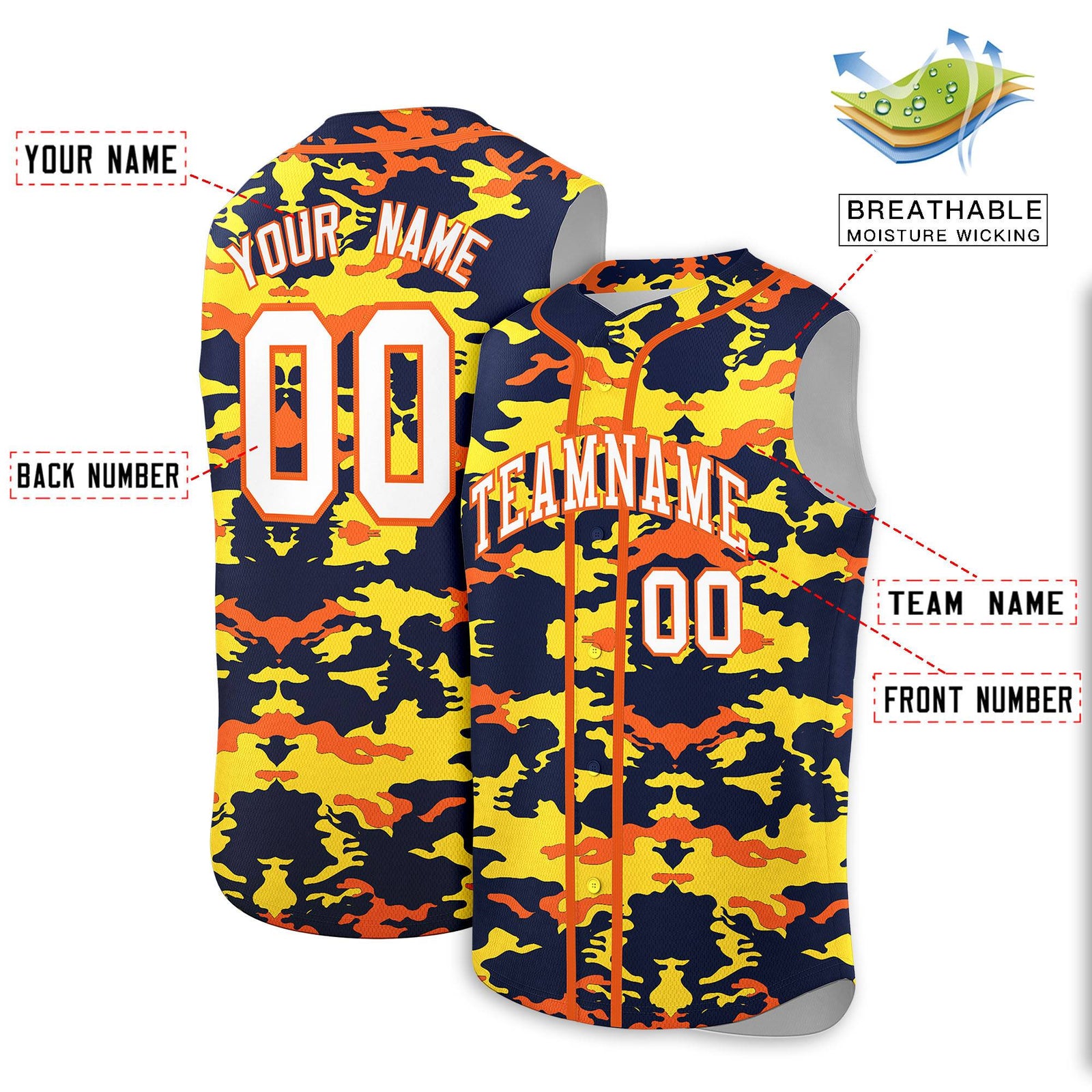Custom Navy Gold and Orange Camo Fashion Authentic Sleeveless Baseball Jersey