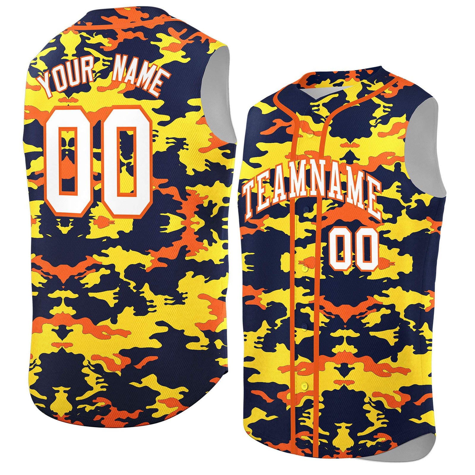 Custom Navy Gold and Orange Camo Fashion Authentic Sleeveless Baseball Jersey