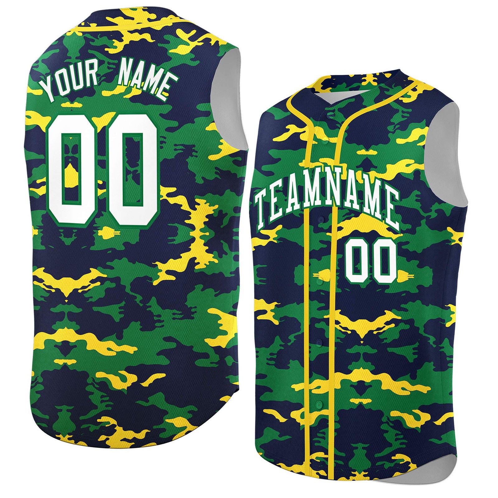 Custom Navy Kelly Green and Gold Camo Fashion Authentic Sleeveless Baseball Jersey