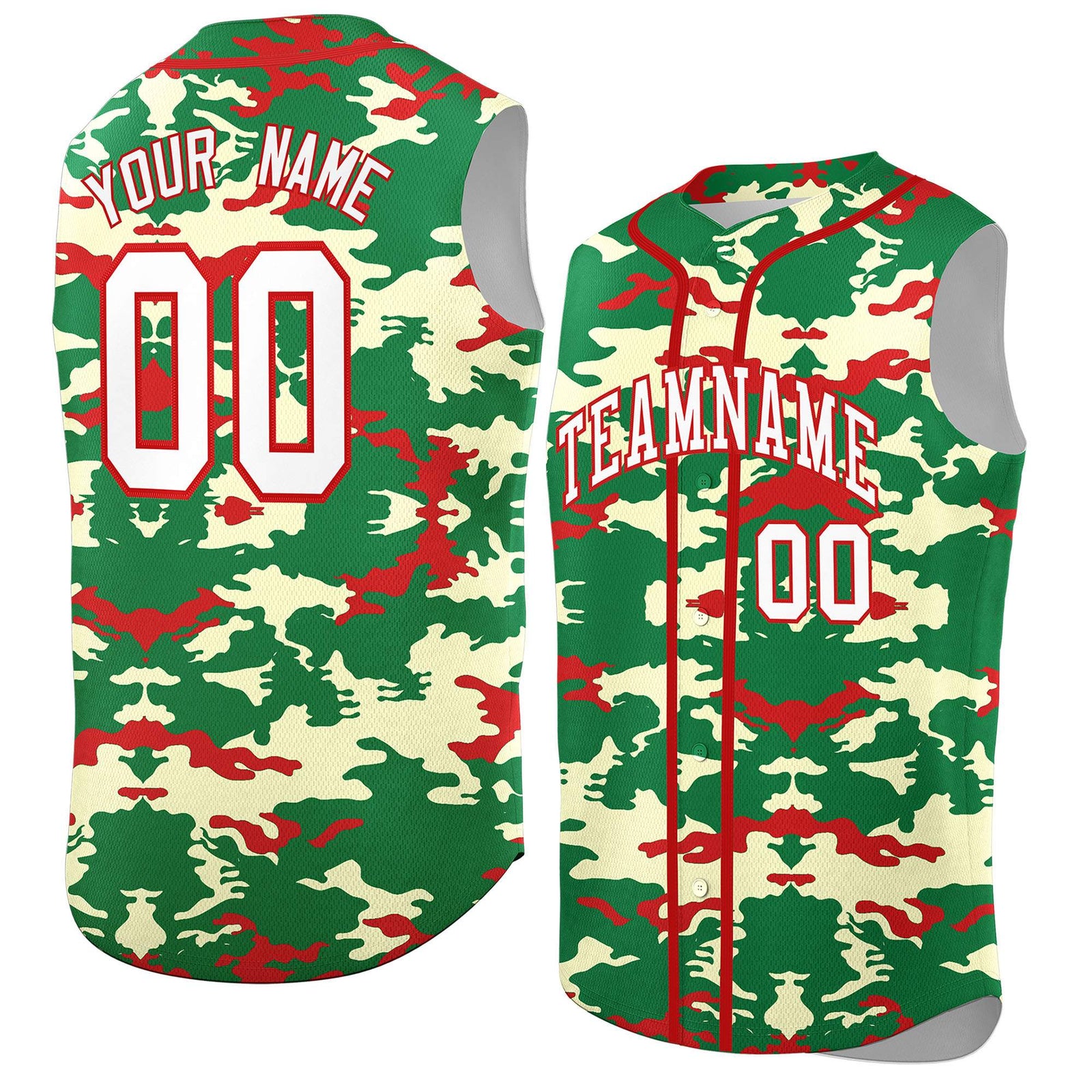 Custom Kelly Green Red Camo Fashion Authentic Sleeveless Baseball Jersey