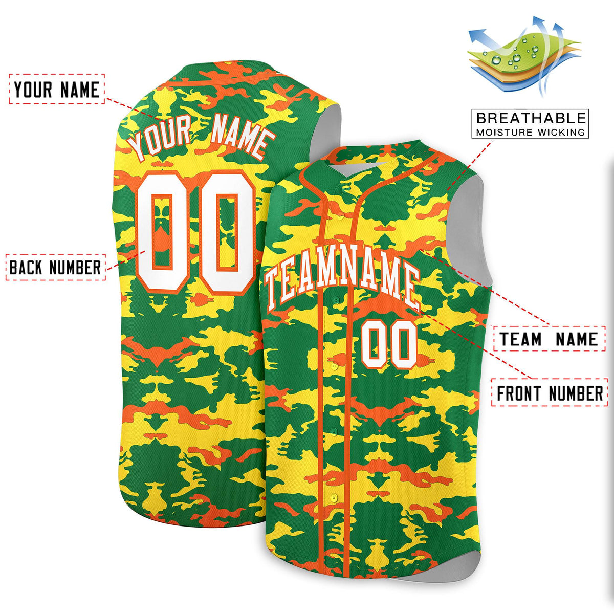 Custom Kelly Green Gold and Orange Camo Fashion Authentic Sleeveless Baseball Jersey