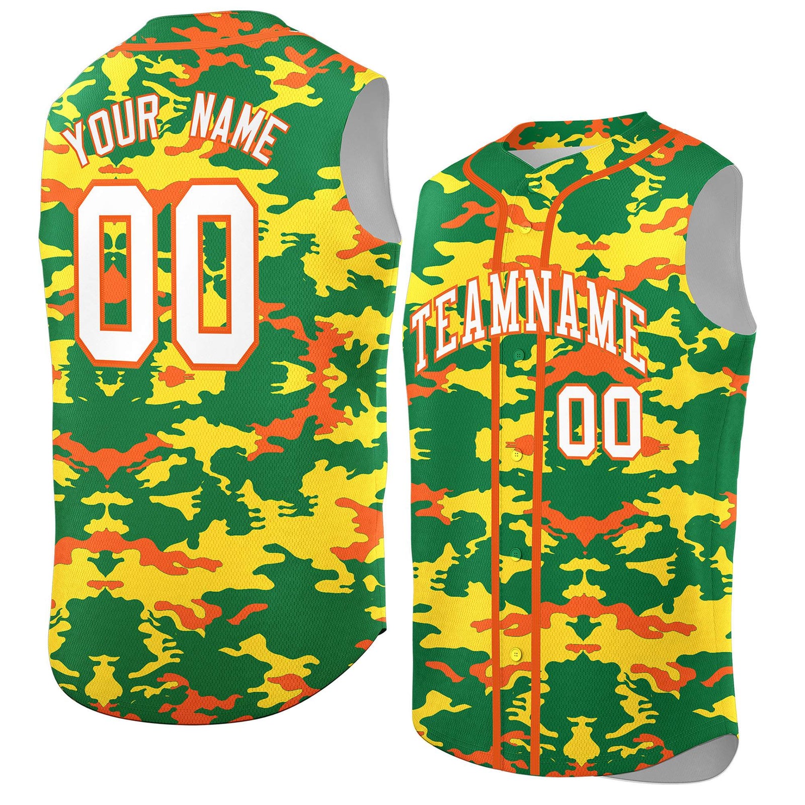 Custom Kelly Green Gold and Orange Camo Fashion Authentic Sleeveless Baseball Jersey