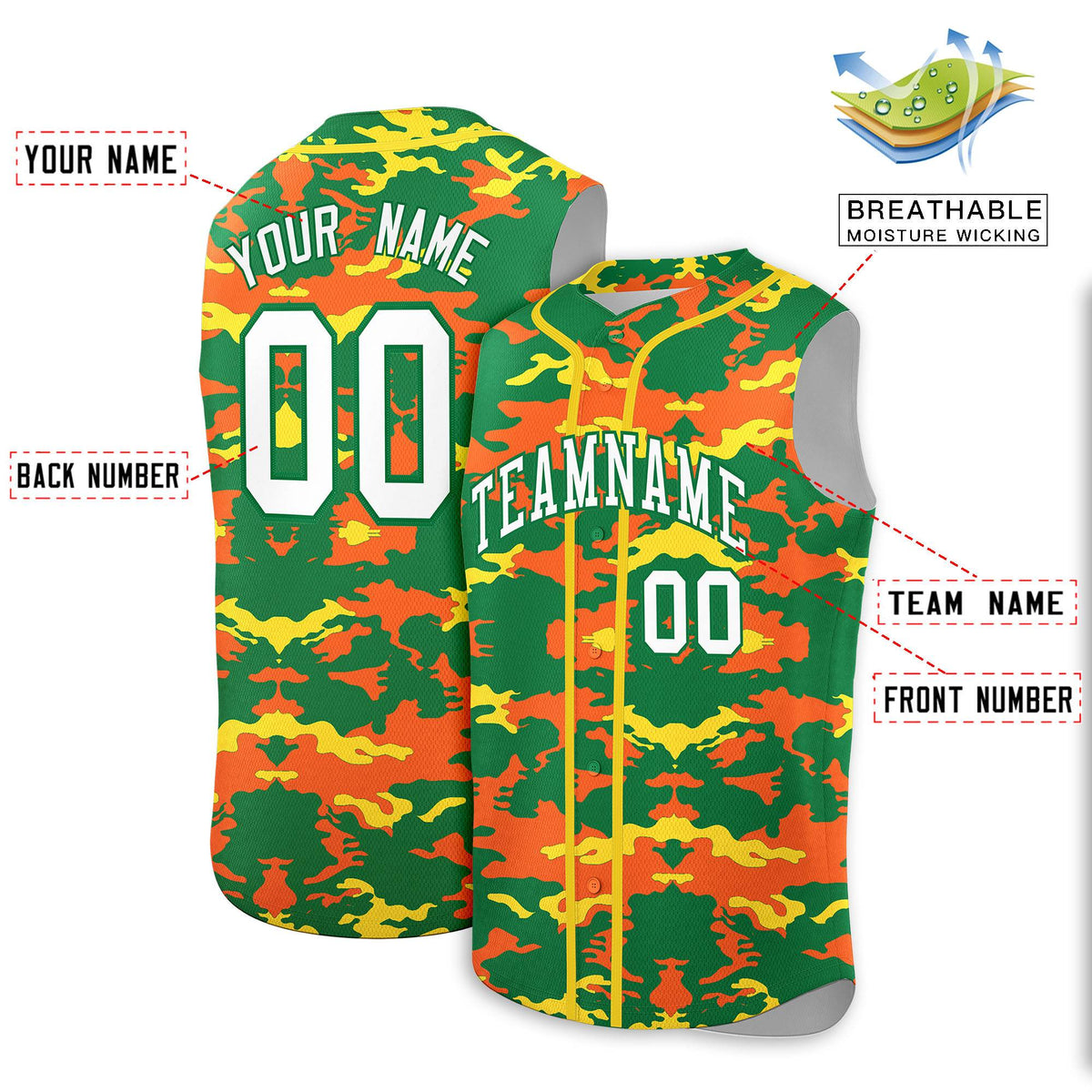 Custom Kelly Green Orange and Gold Camo Fashion Authentic Sleeveless Baseball Jersey