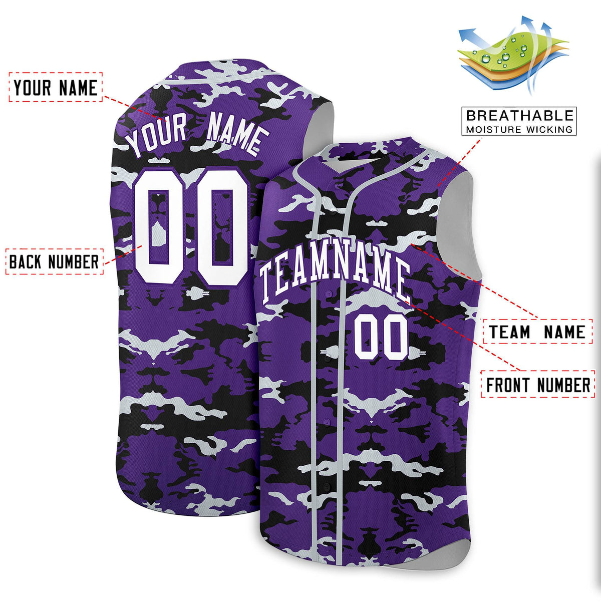 Custom Purple Black and Silver Camo Fashion Authentic Sleeveless Baseball Jersey