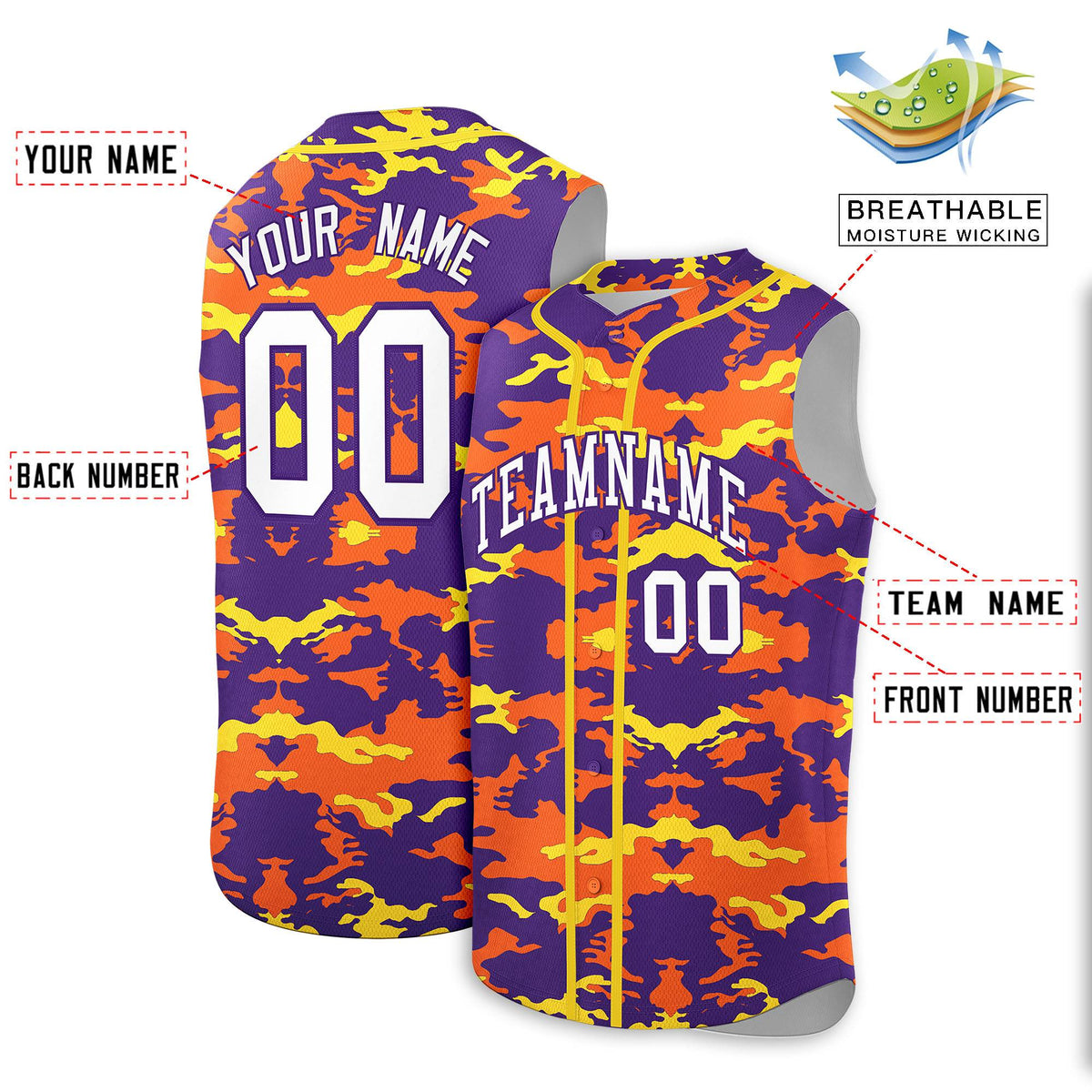 Custom Purple Orange and Gold Camo Fashion Authentic Sleeveless Baseball Jersey