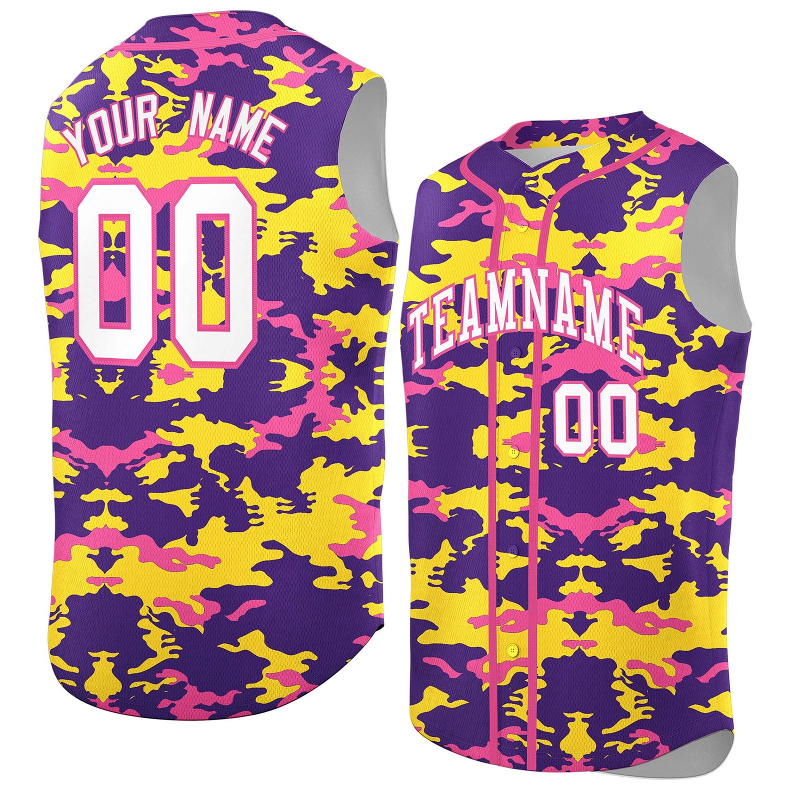 Custom Purple Gold and Pink Camo Fashion Authentic Sleeveless Baseball Jersey