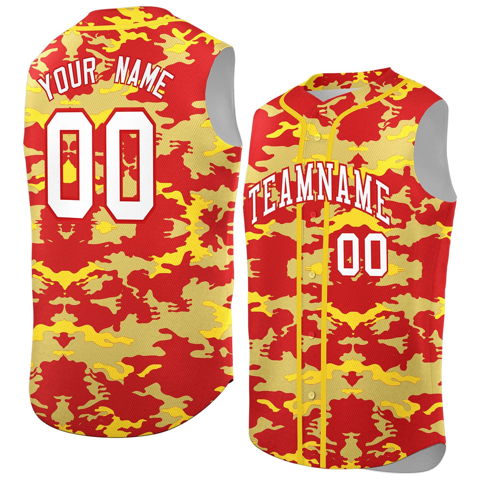 Custom Red Old Gold and Gold Camo Fashion Authentic Sleeveless Baseball Jersey