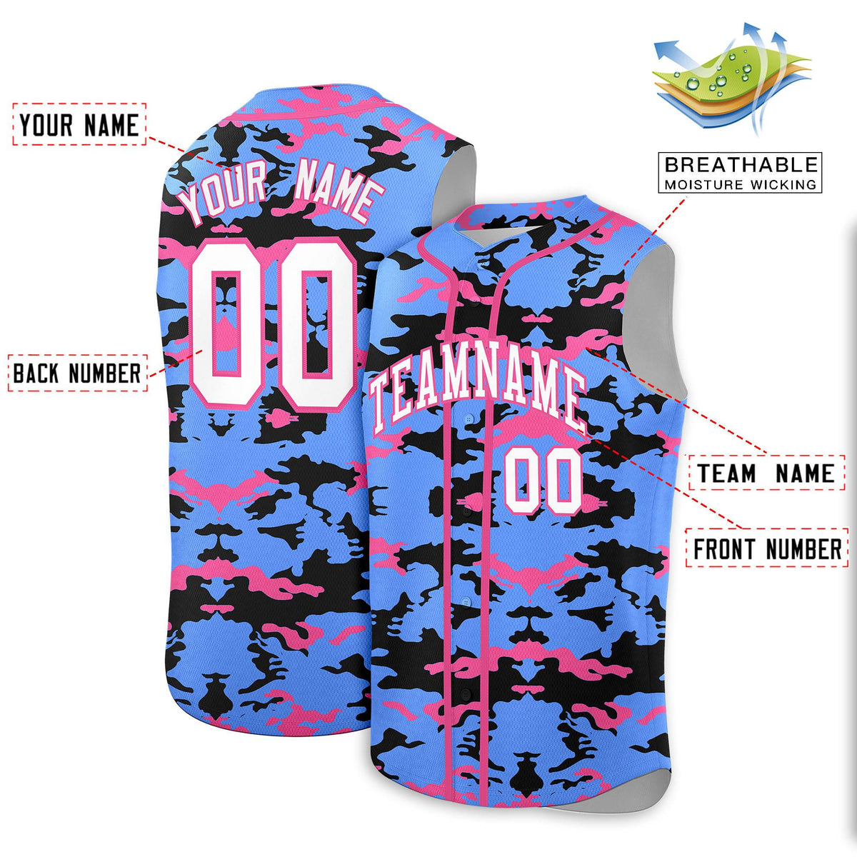 Custom Powder Blue Black and Pink Camo Fashion Authentic Sleeveless Baseball Jersey