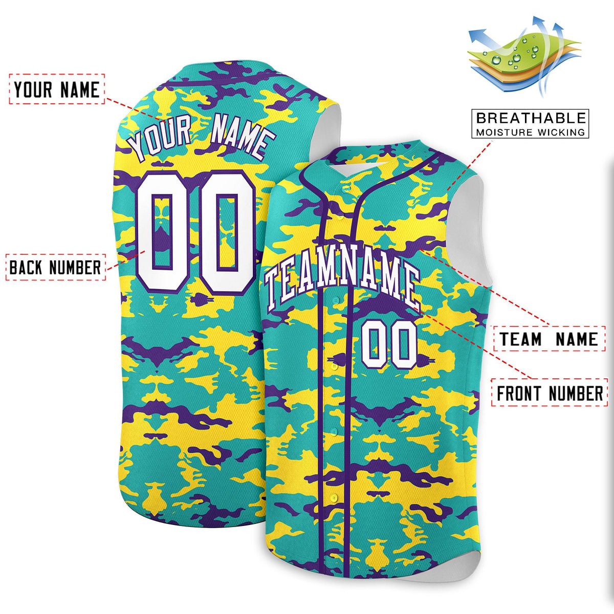 Custom Bright Green Gold and Purple Camo Fashion Authentic Sleeveless Baseball Jersey