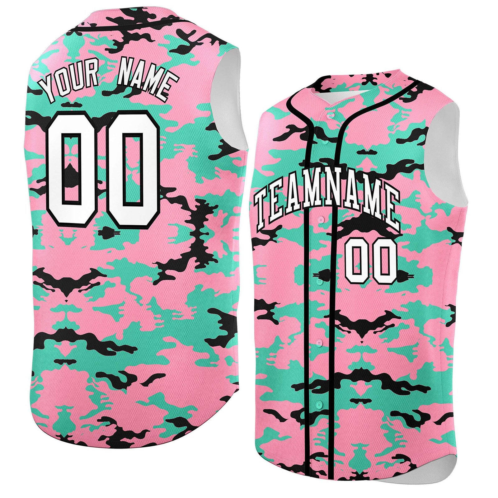 Custom Light Pink Bright Green and Black Camo Fashion Authentic Sleeveless Baseball Jersey