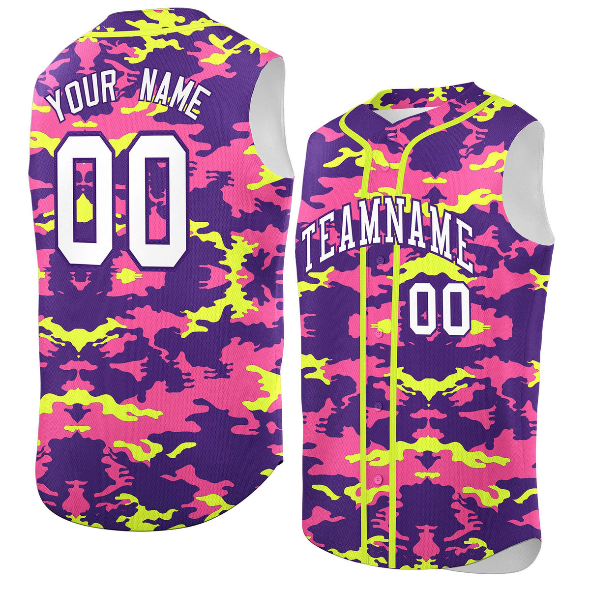 Custom Purple Pink and Fluorescent Green Camo Fashion Authentic Sleeveless Baseball Jersey