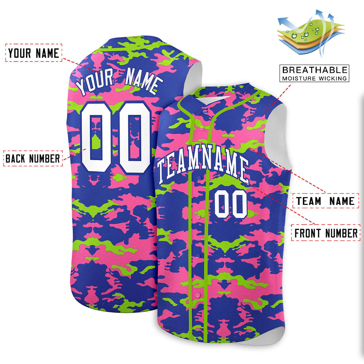 Custom Royal Pink and Neon Green Camo Fashion Authentic Sleeveless Baseball Jersey