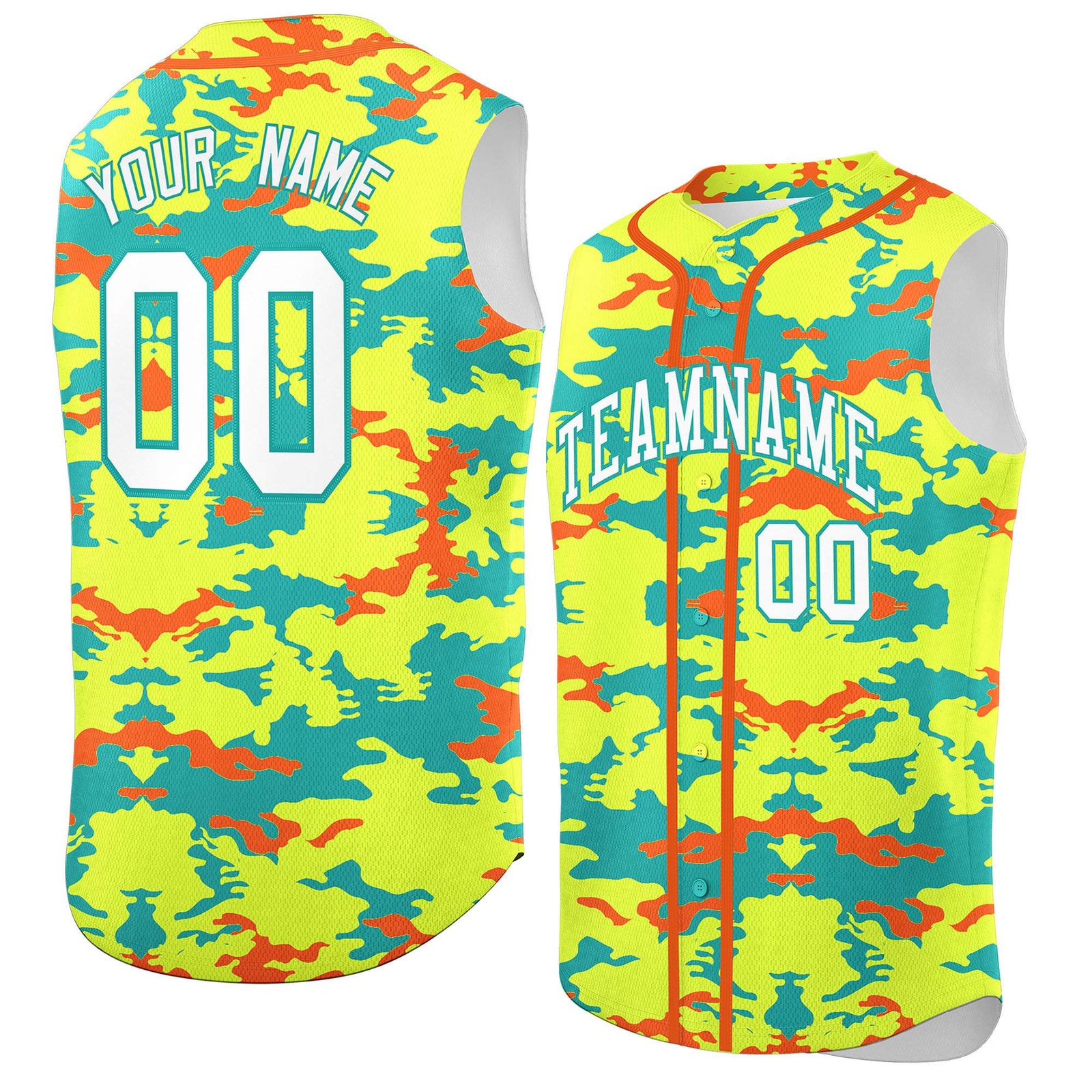 Custom Fluorescent Green Aqua and Orange Camo Fashion Authentic Sleeveless Baseball Jersey