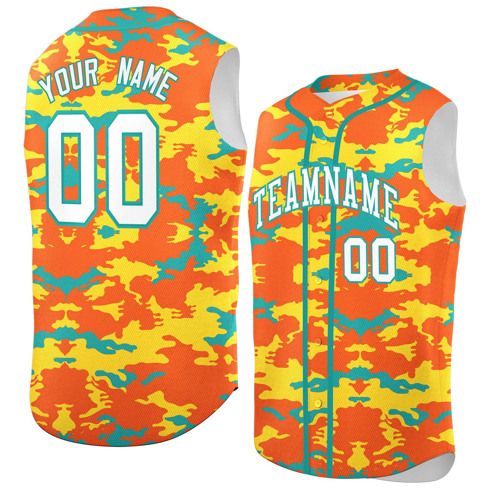 Custom Orange Gold and Aqua Camo Fashion Authentic Sleeveless Baseball Jersey