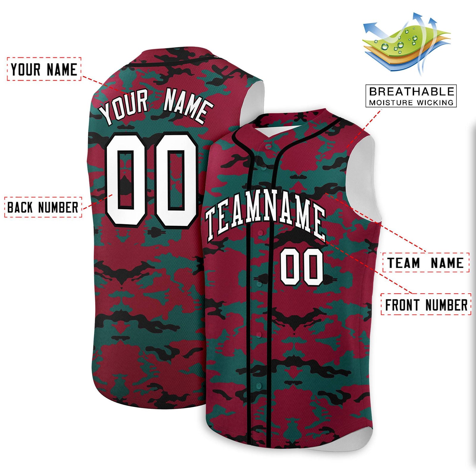 Custom Crimson Midnight Green and Black Camo Fashion Authentic Sleeveless Baseball Jersey