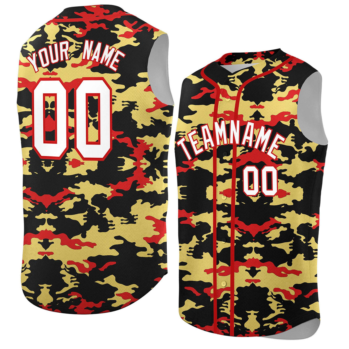 Custom Black Old Gold and Red Camo Fashion Authentic Sleeveless Baseball Jersey