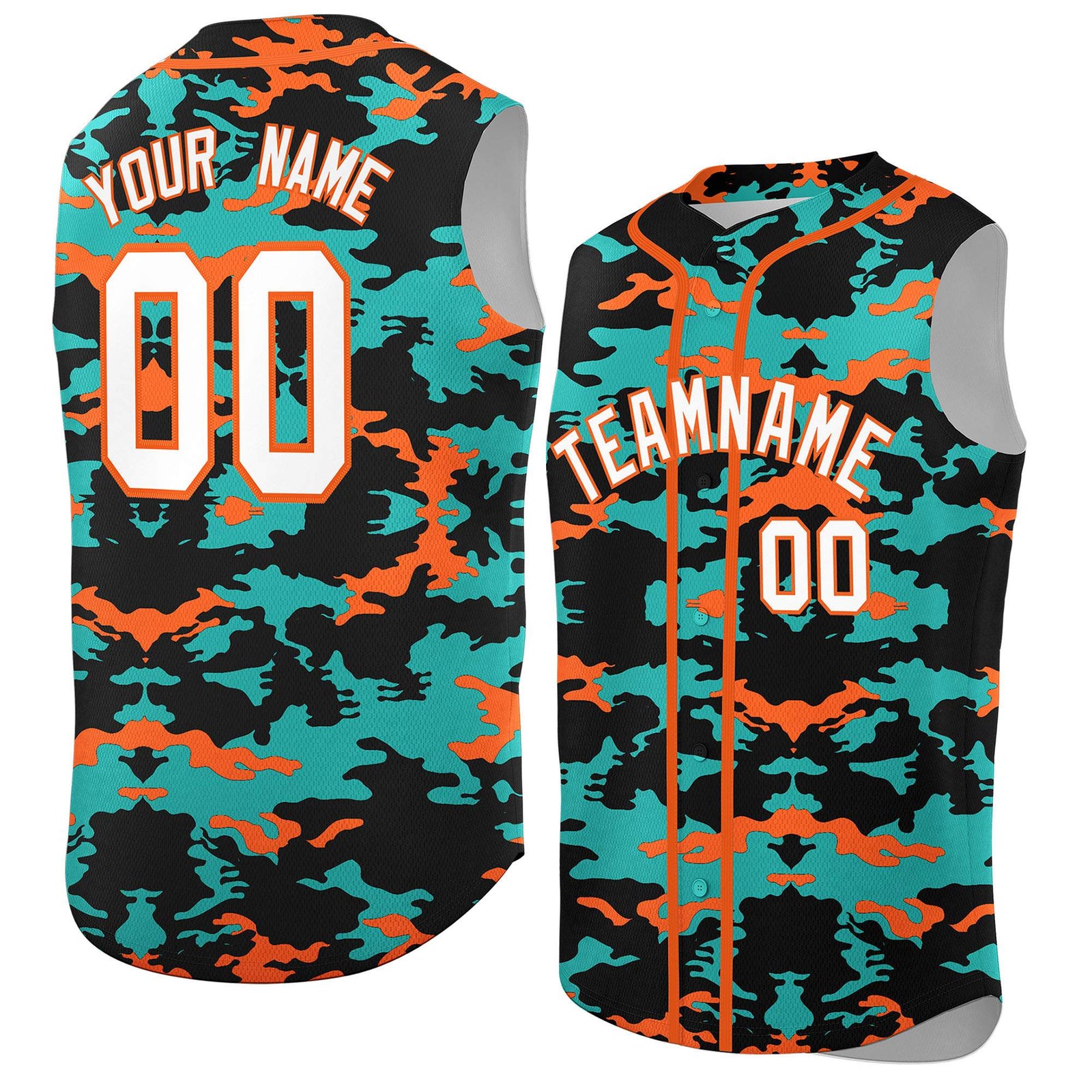 Custom Black Aqua and Orange Camo Fashion Authentic Sleeveless Baseball Jersey