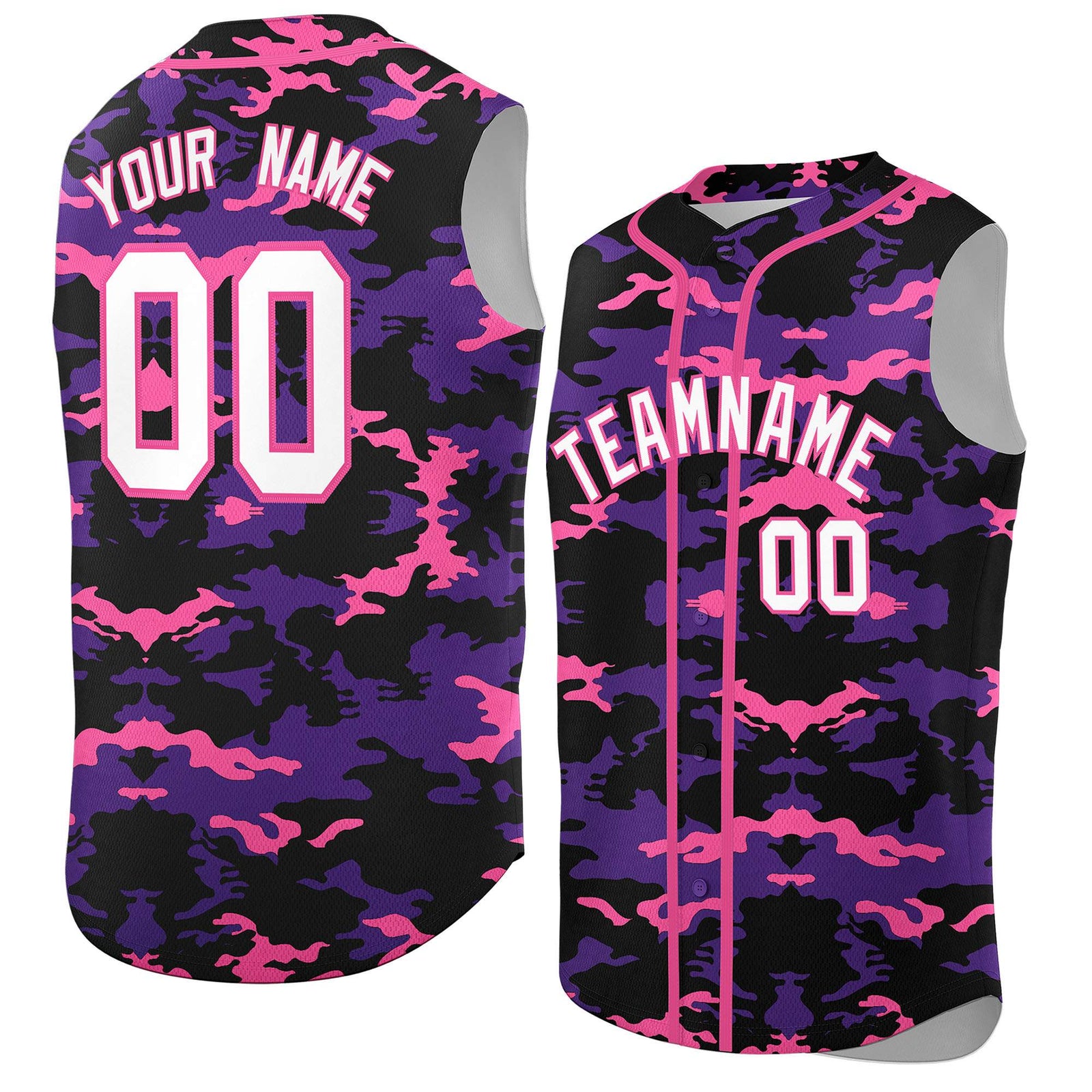 Custom Black Purple and Pink Camo Fashion Authentic Sleeveless Baseball Jersey