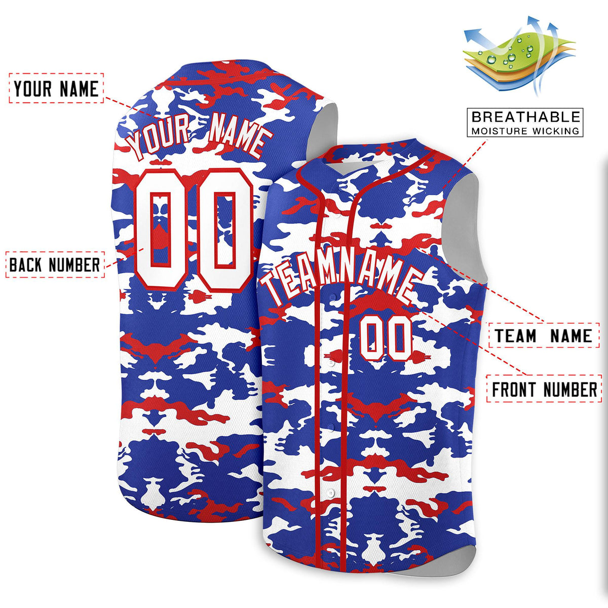 Custom Royal White and Red Camo Fashion Authentic Sleeveless Baseball Jersey
