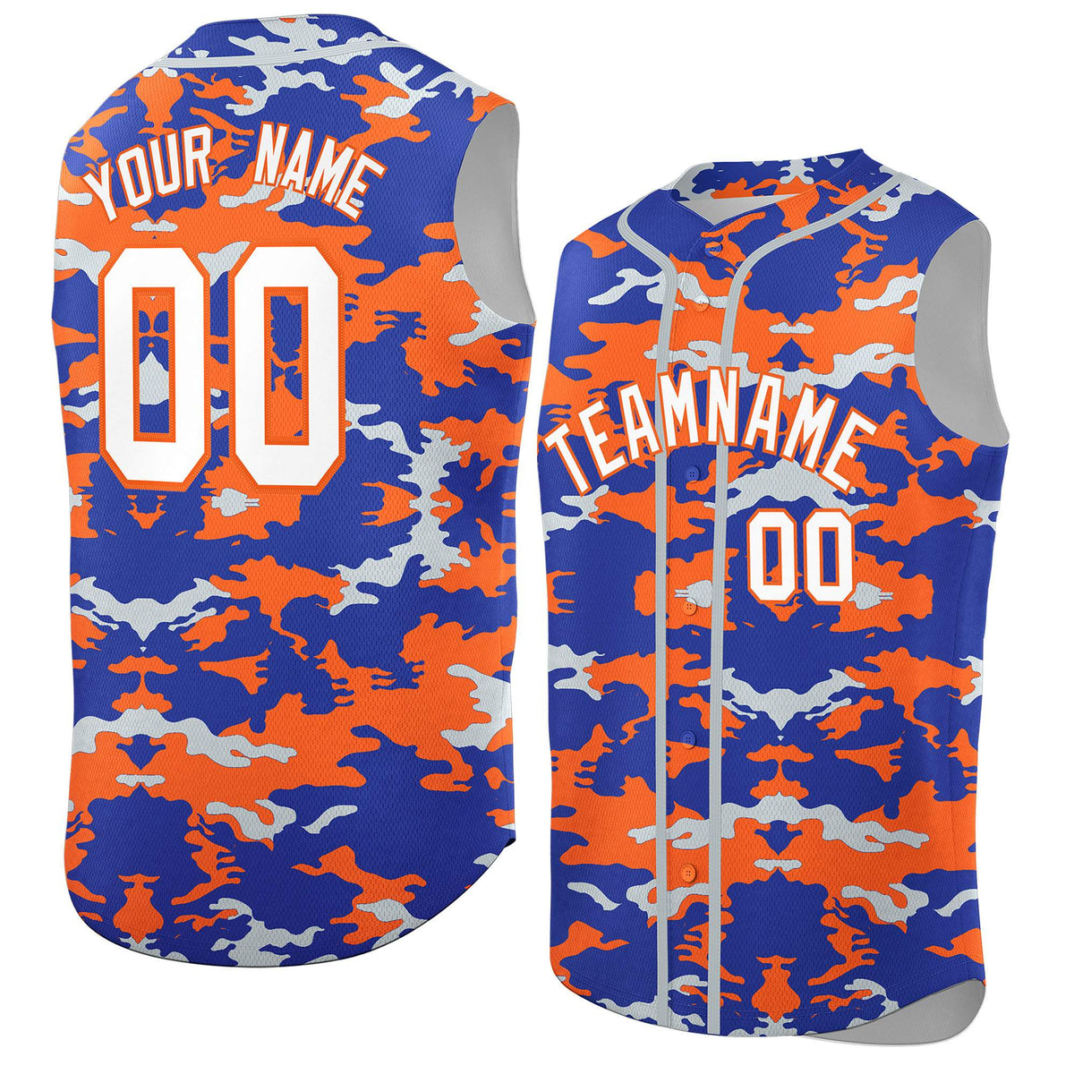 Custom Royal Orange and Silver Camo Fashion Authentic Sleeveless Baseball Jersey