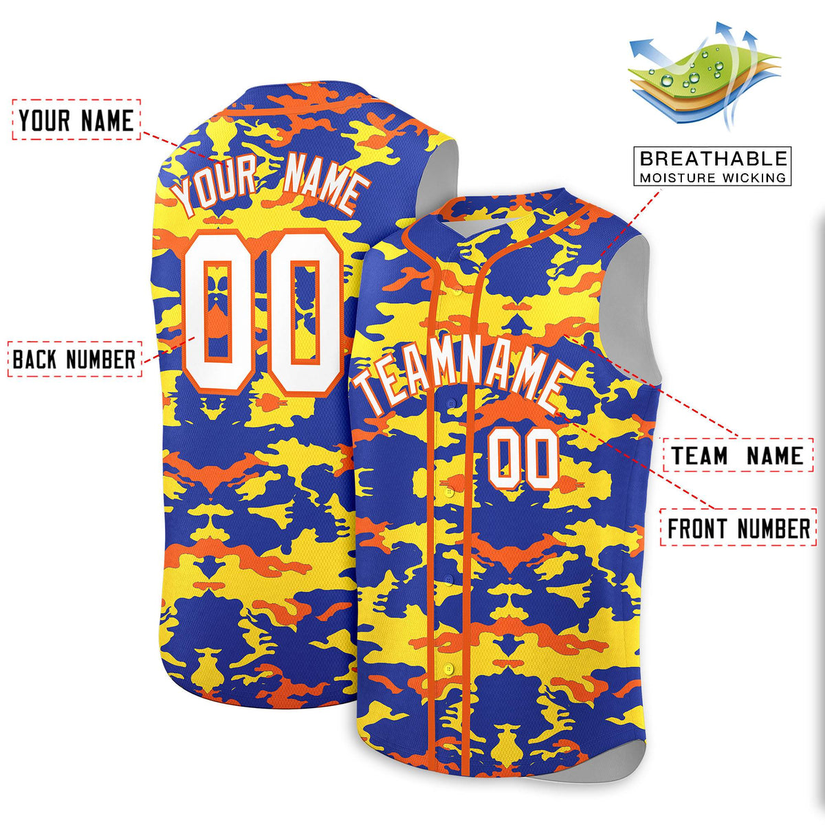 Custom Royal Gold and Orange Camo Fashion Authentic Sleeveless Baseball Jersey