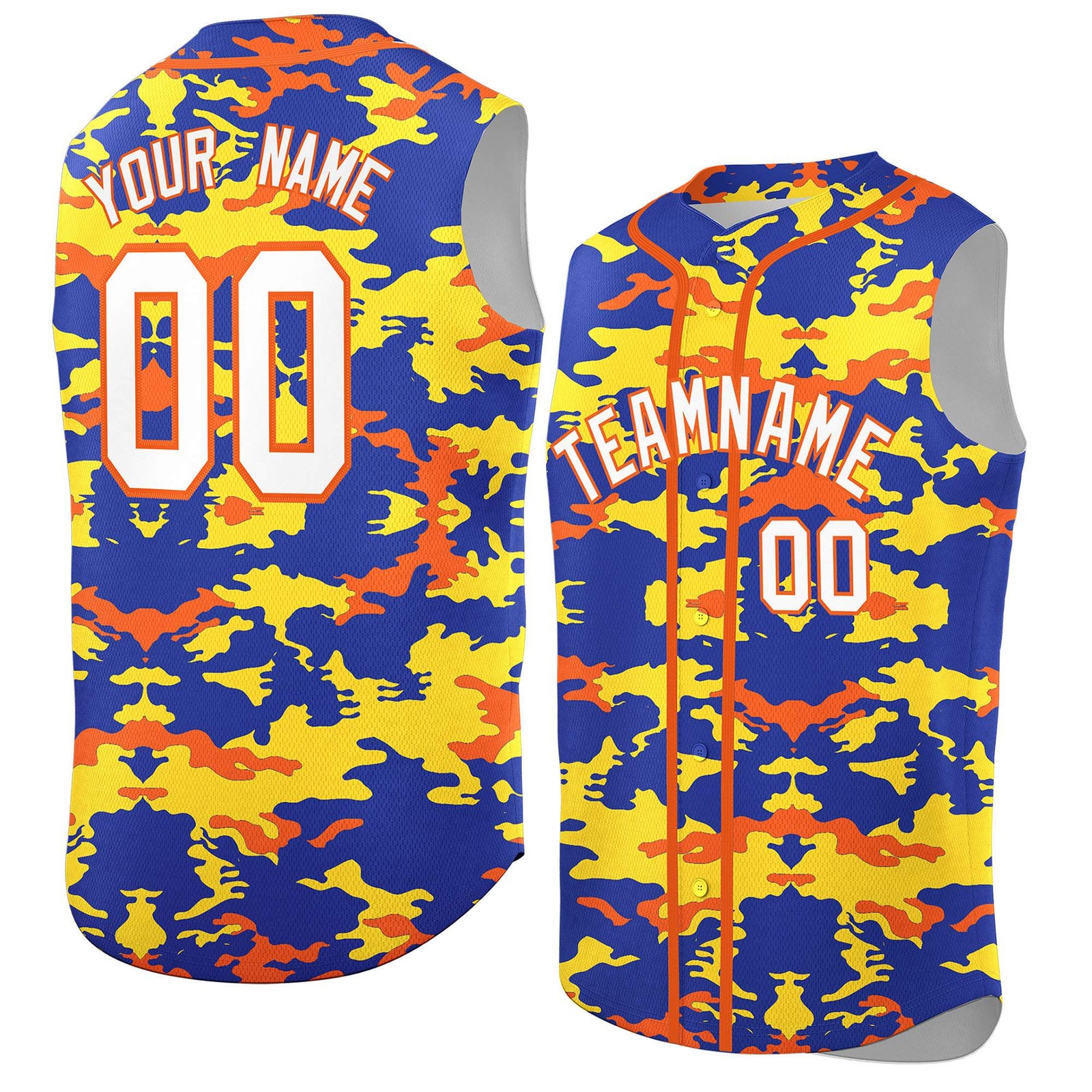 Custom Royal Gold and Orange Camo Fashion Authentic Sleeveless Baseball Jersey