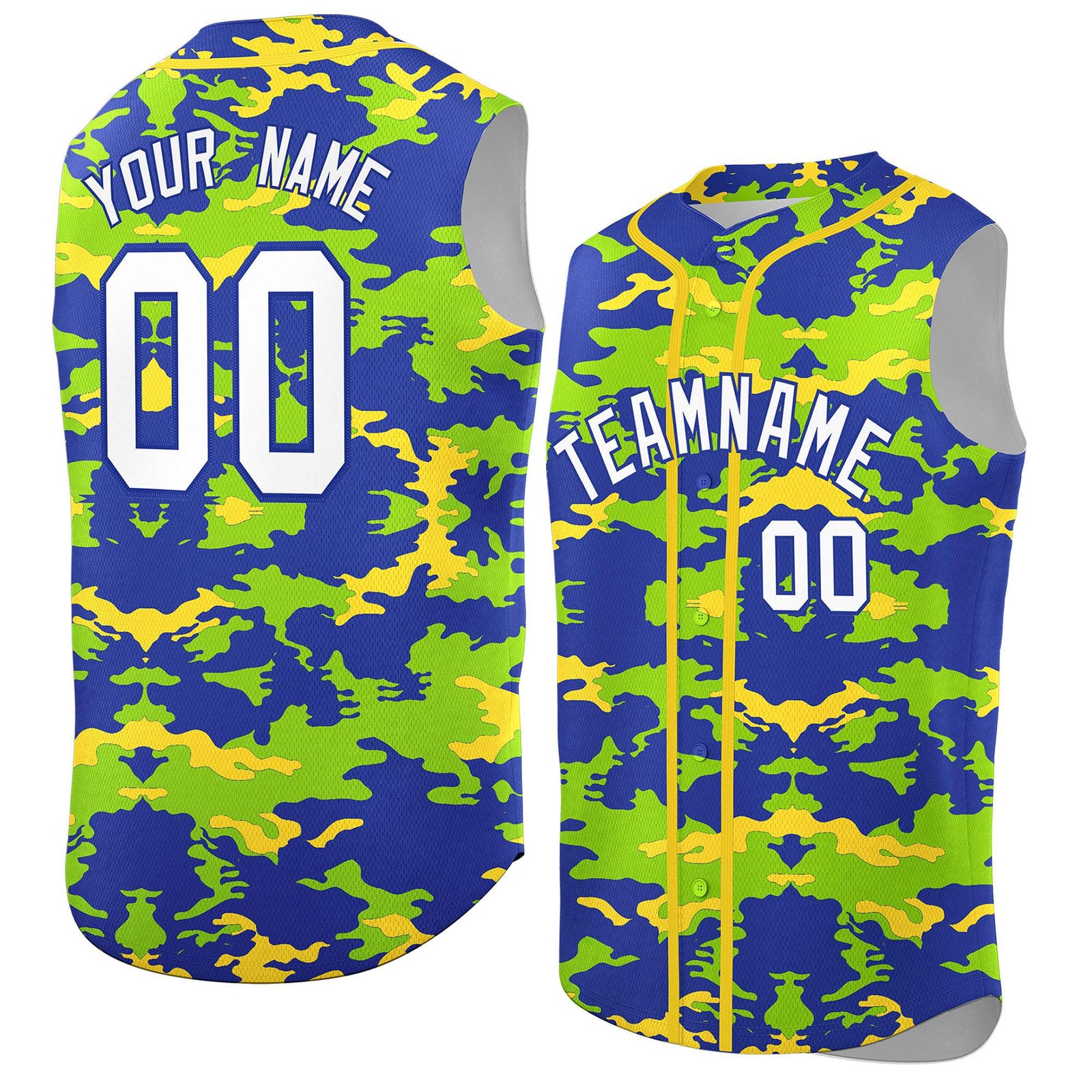 Custom Royal Neon Green and Gold Camo Fashion Authentic Sleeveless Baseball Jersey