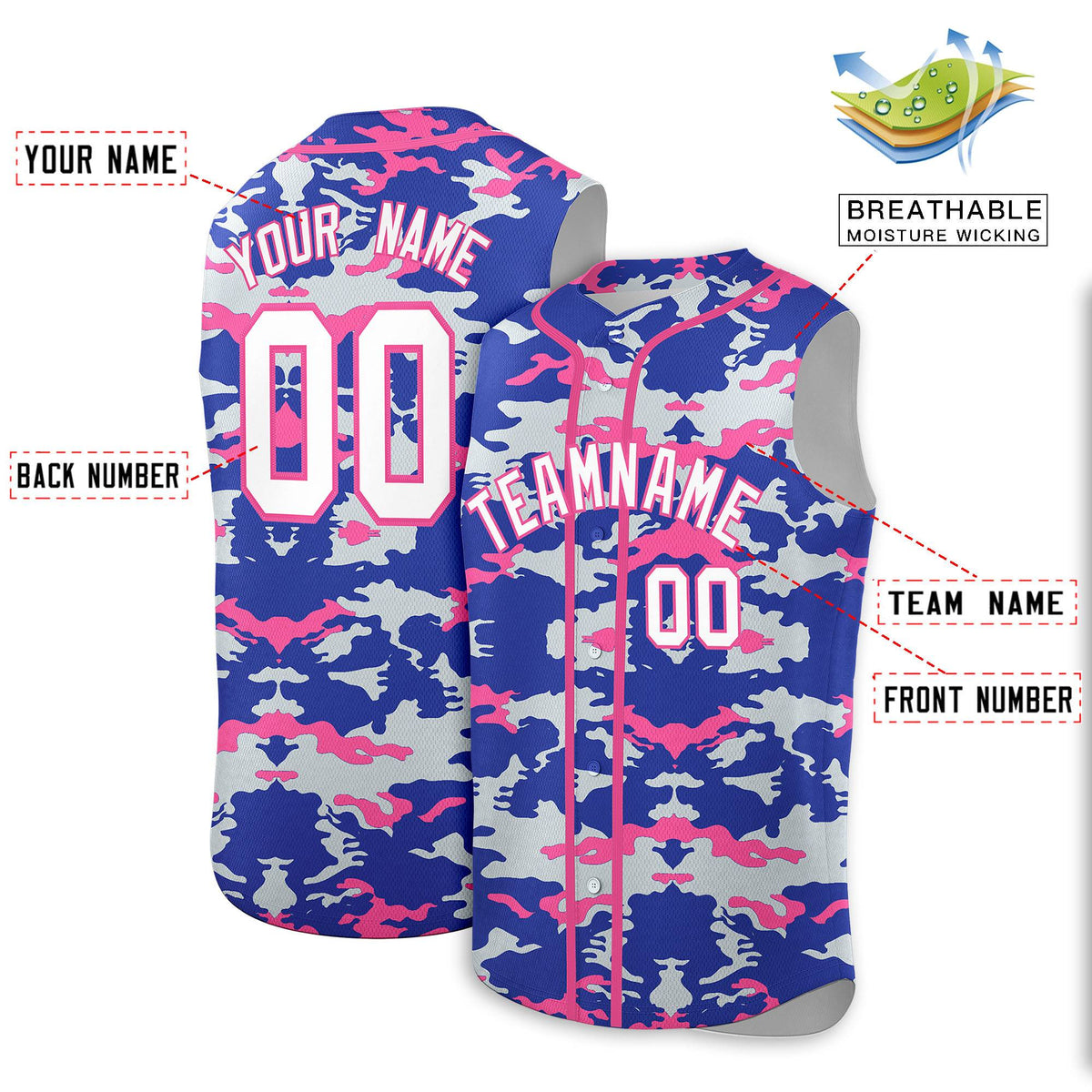 Custom Royal Silver and Pink Camo Fashion Authentic Sleeveless Baseball Jersey