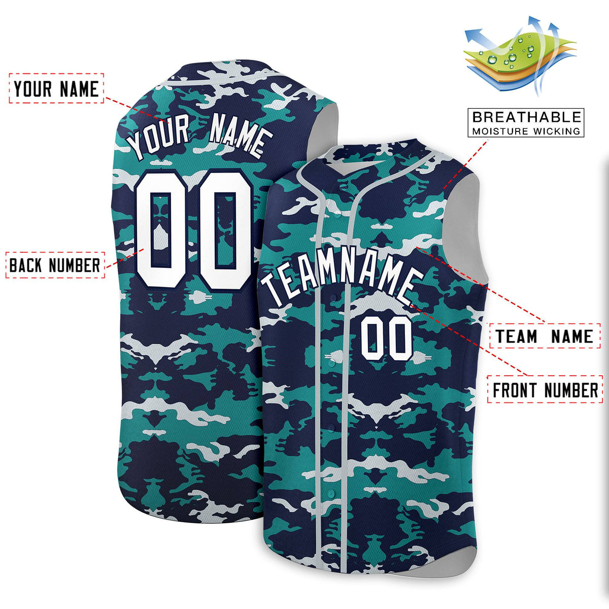 Custom Navy Aqua and Silver Camo Fashion Authentic Sleeveless Baseball Jersey