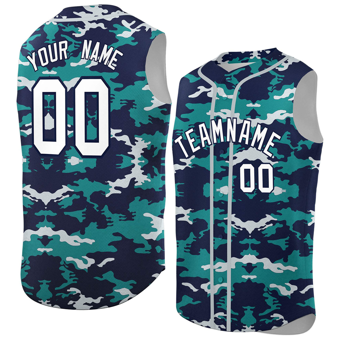 Custom Navy Aqua and Silver Camo Fashion Authentic Sleeveless Baseball Jersey