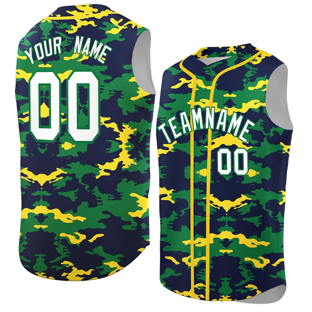 Custom Navy Kelly Green and Gold Camo Fashion Authentic Sleeveless Baseball Jersey
