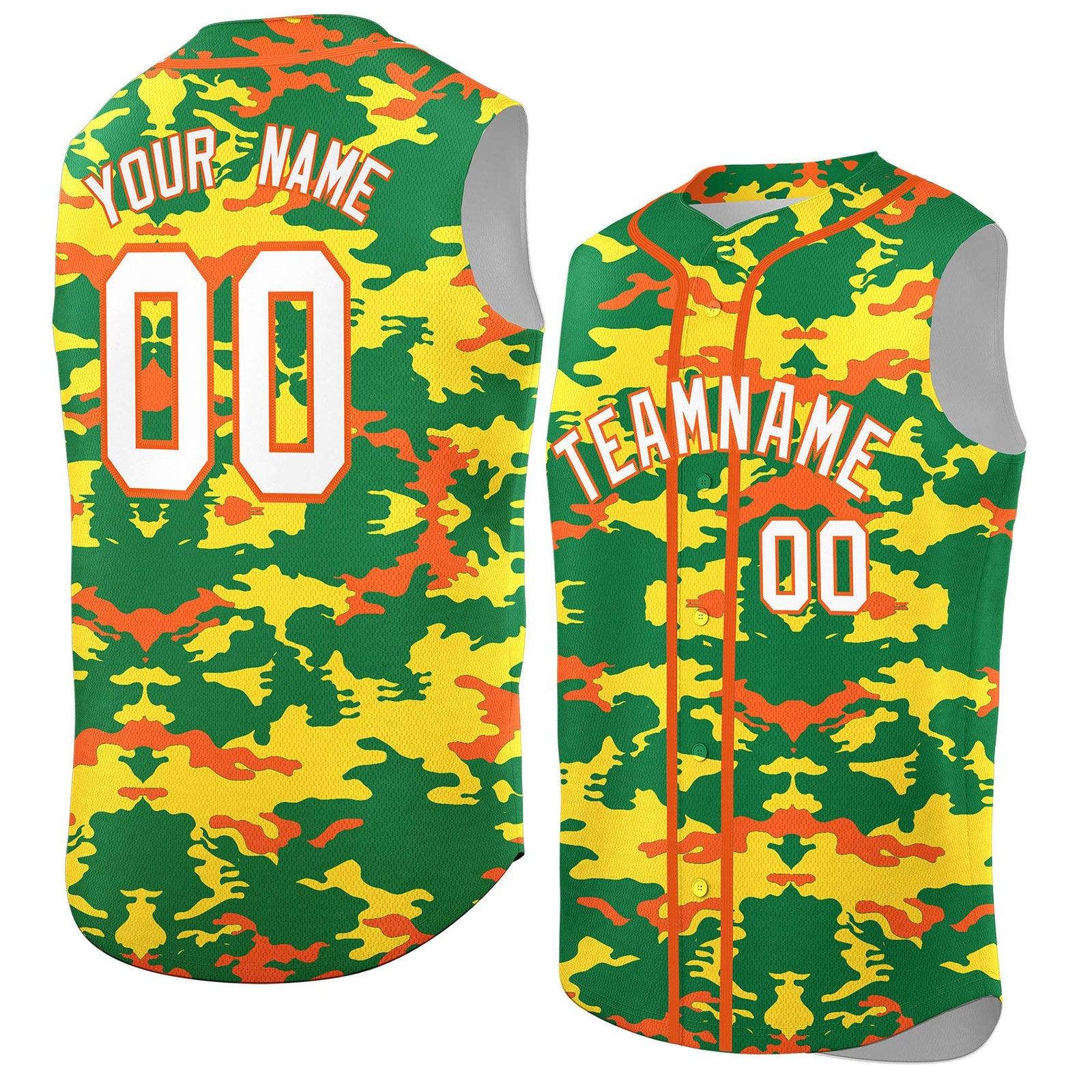Custom Kelly Green Gold and Orange Camo Fashion Authentic Sleeveless Baseball Jersey