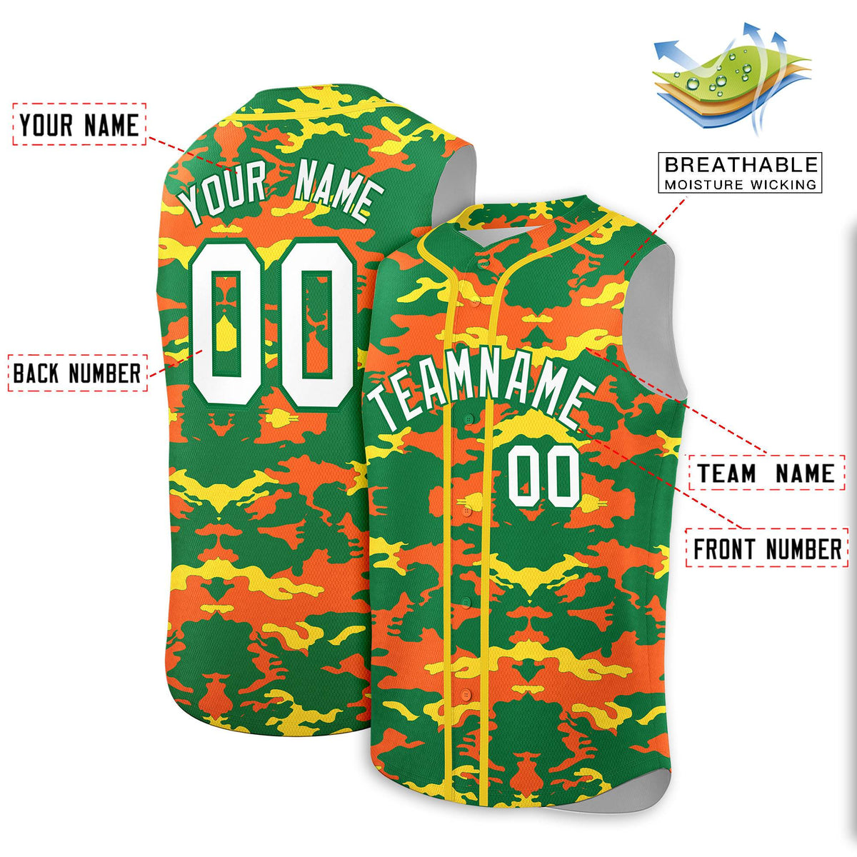 Custom Kelly Green Orange and Gold Camo Fashion Authentic Sleeveless Baseball Jersey