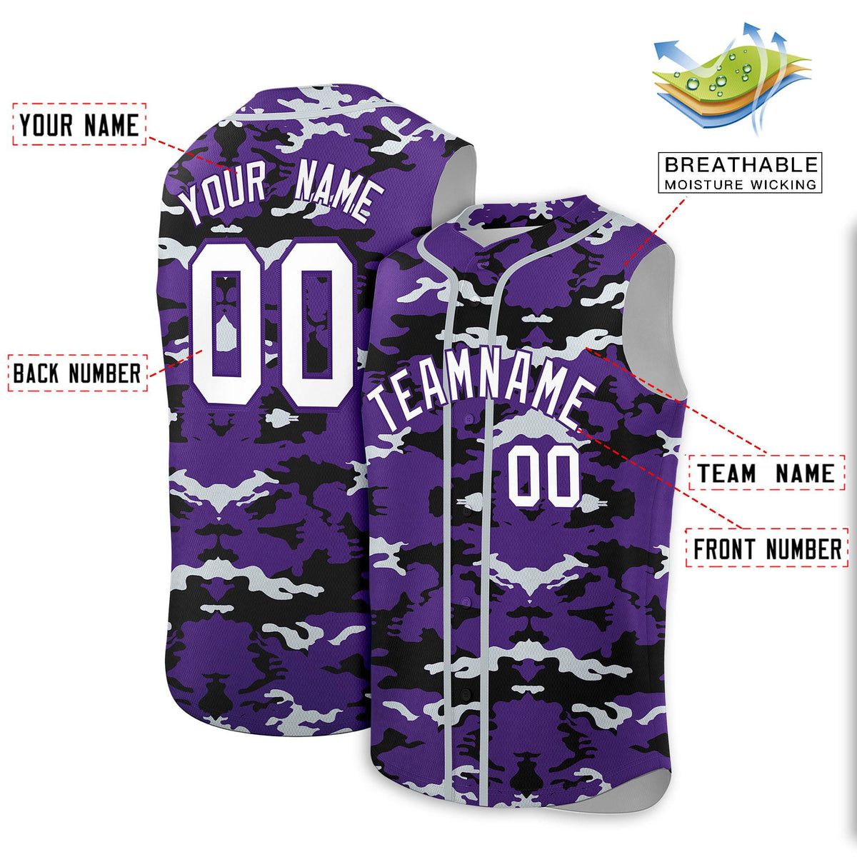 Custom Purple Black and Silver Camo Fashion Authentic Sleeveless Baseball Jersey
