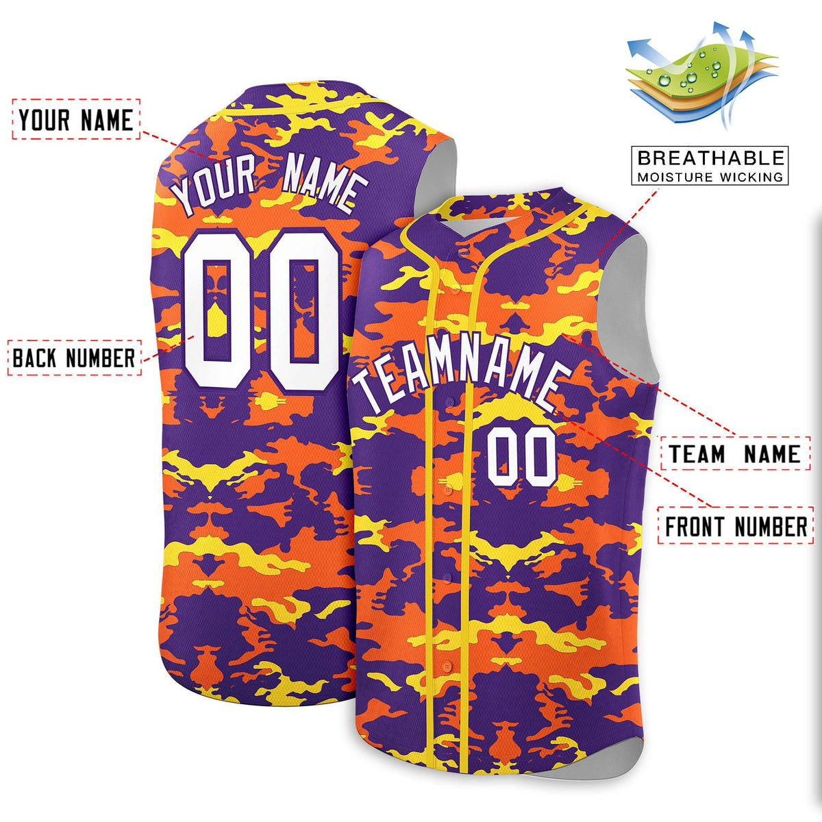Custom Purple Orange and Gold Camo Fashion Authentic Sleeveless Baseball Jersey